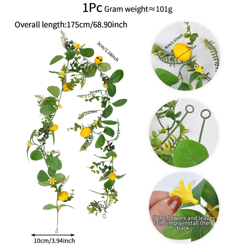 Ghirlandă artificială din răchită cu lămâi – decor de primăvară-vară, plantă verde pentru uși și pereți, decor pentru nunți și sărbători