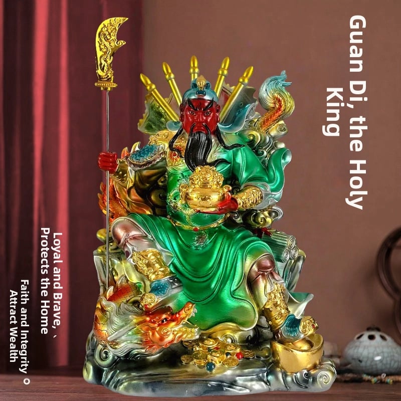 Statuie Guan Gong din rășină, șezând ca Zeu al Bogăției, Buddha Maitreya; atrage bogăție și prosperitate; statuie Guan Gong pentru birou sau sufragerie – închinare și decor