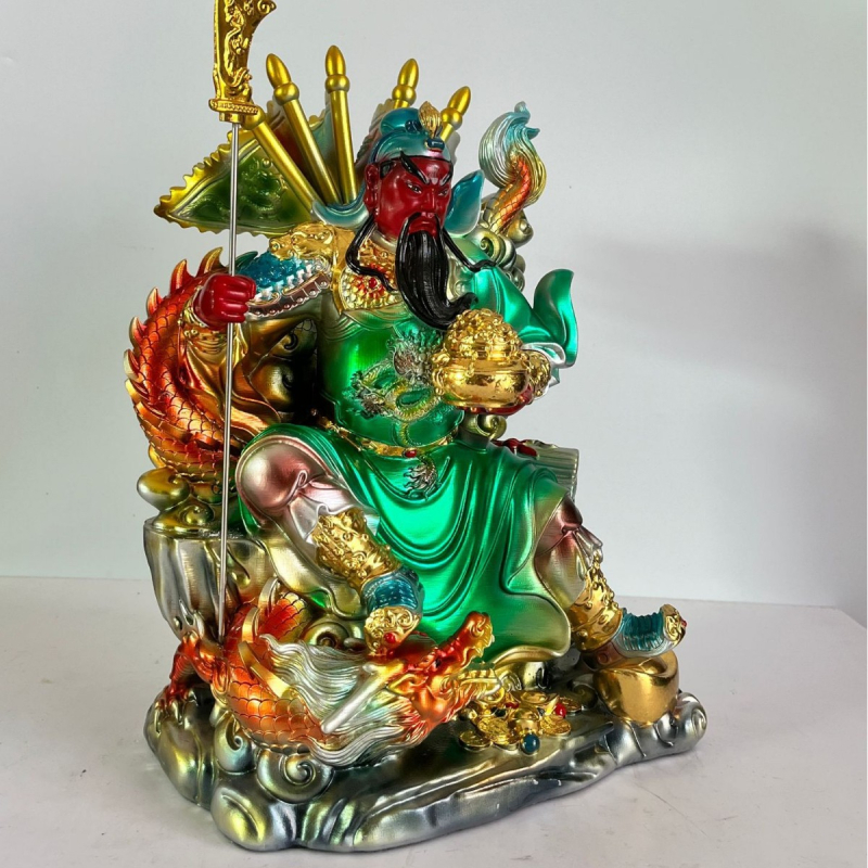 Statuie Guan Gong din rășină, șezând ca Zeu al Bogăției, Buddha Maitreya; atrage bogăție și prosperitate; statuie Guan Gong pentru birou sau sufragerie – închinare și decor