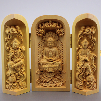 Statuie Buddha din boxwood, cutie din lemn cu trei compartimente, decor din lemn de înaltă calitate, Cei Trei Sfinți Occidentali