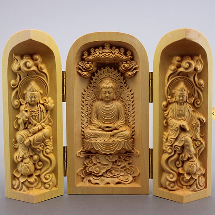 Statuie Buddha din boxwood, cutie din lemn cu trei compartimente, decor din lemn de înaltă calitate, Cei Trei Sfinți Occidentali