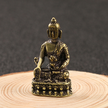 Statuie Buddha în stil antic, din cupru solid, cu gest de a ține o floare, finisaj din alamă uzată, Sakyamuni și Amitabha, obiect de colecție