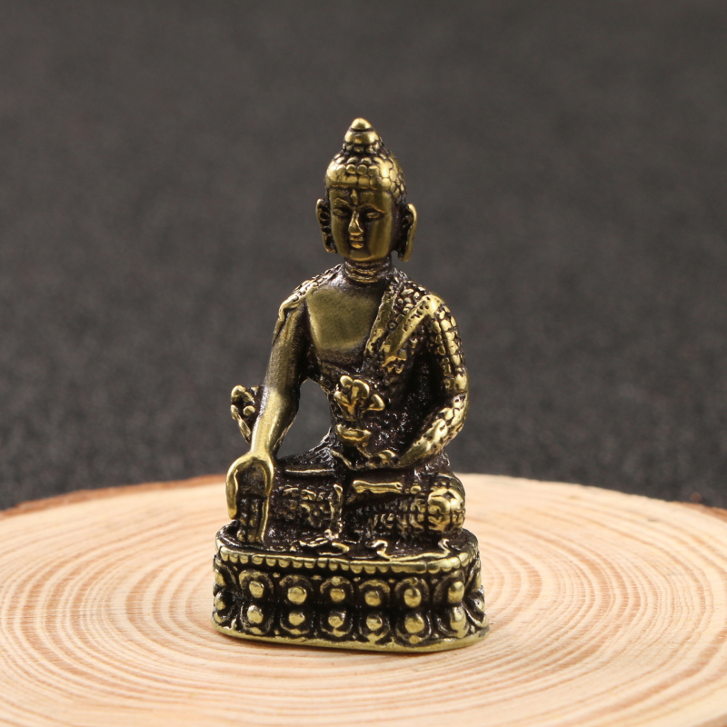 Statuie Buddha în stil antic, din cupru solid, cu gest de a ține o floare, finisaj din alamă uzată, Sakyamuni și Amitabha, obiect de colecție