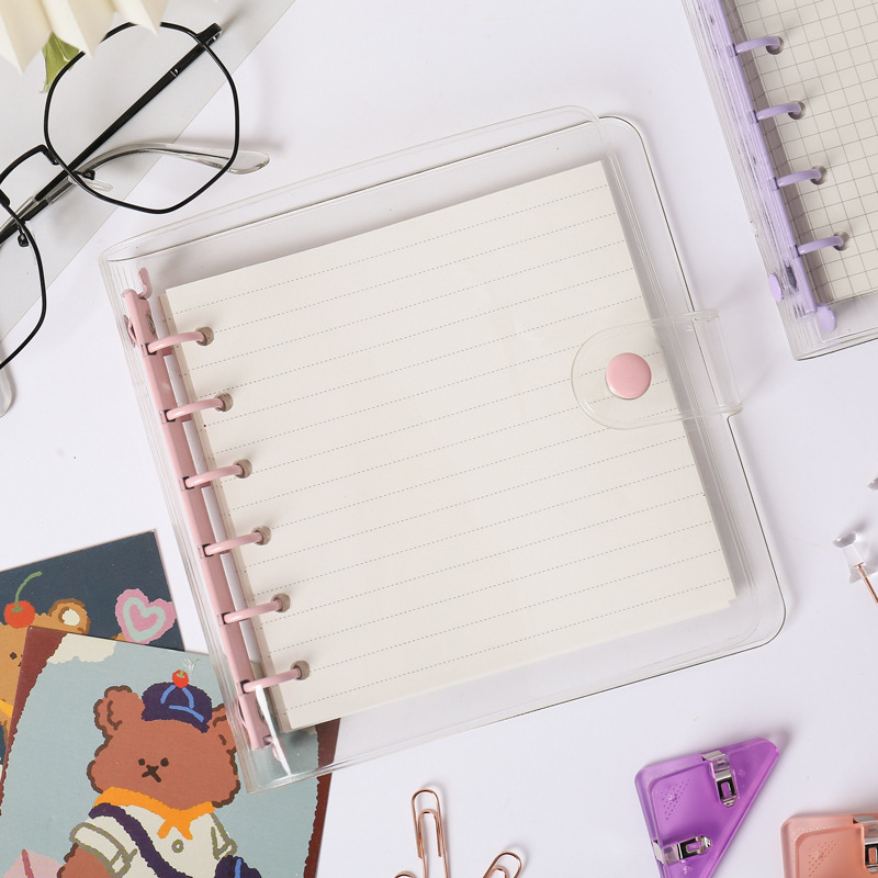 Stil Insta coreean, pagini interioare transparente, format A7 pătrat, copertă PVC, clip-book A6 mov-roz