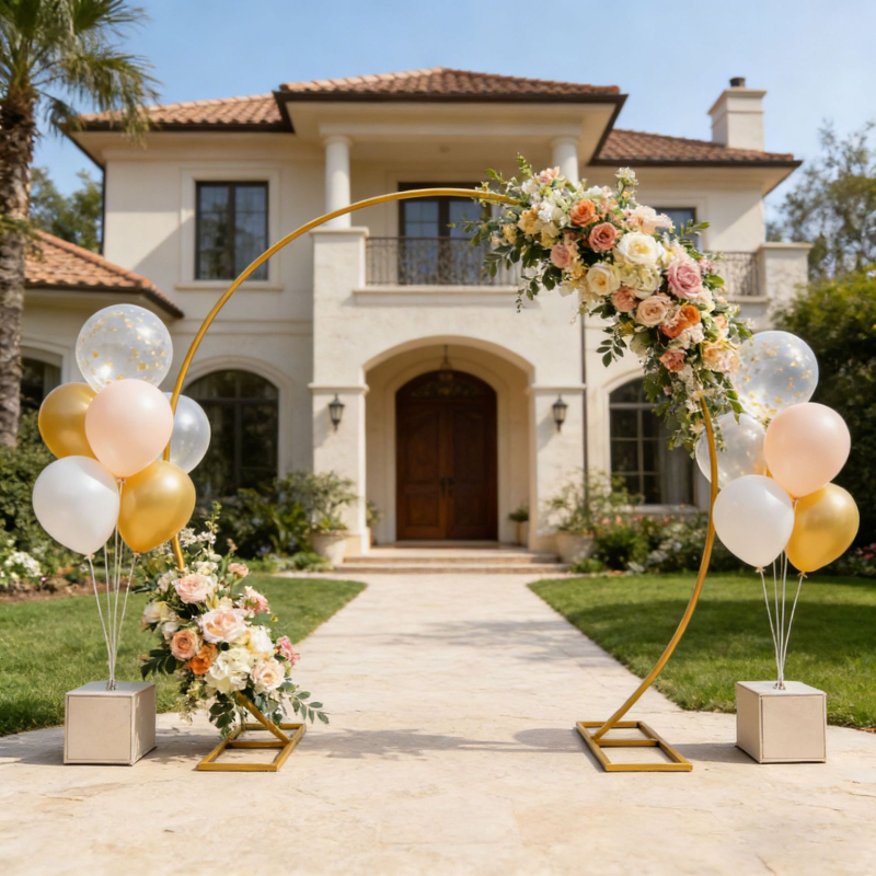 Arc din fier forjat, în formă de inel, arc decorativ pentru fundalul nunții, cu decor floral, pentru exterior
