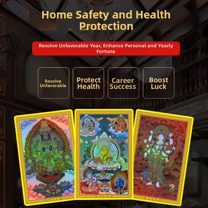 Cinci zei ai bogăției - statuetă Buddha aurie, carduri cu opt zei păzitori, Thangka Maitreya