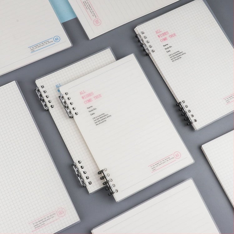 Caiet PP cu copertă moale și husă transparentă, design drăguț minimalist cu linii orizontale, format A5, umplere cu 10 găuri