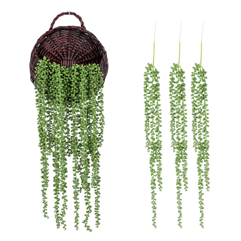 Buchet de flori artificiale cu accente din ratan și flori plastice în stil suculent, pentru decor de perete