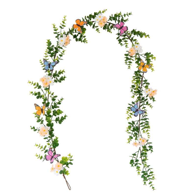Plantă artificială de primăvară cu margaretă și eucalipt, viță de răchită, fluture – decor suspendat pentru casă și șemineu