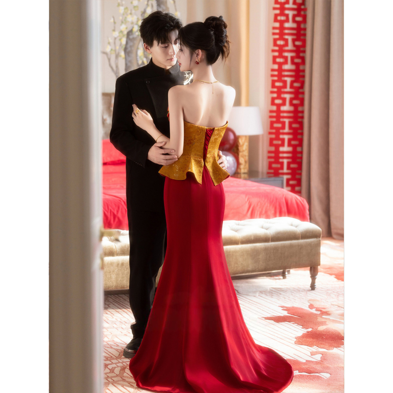 Ženska haljina za zaruke, kineskog stila bez naramenica, haljina za nazdravljanje, mladenkina jutarnja haljina, luksuzna, uski kroj, duga večernja haljina