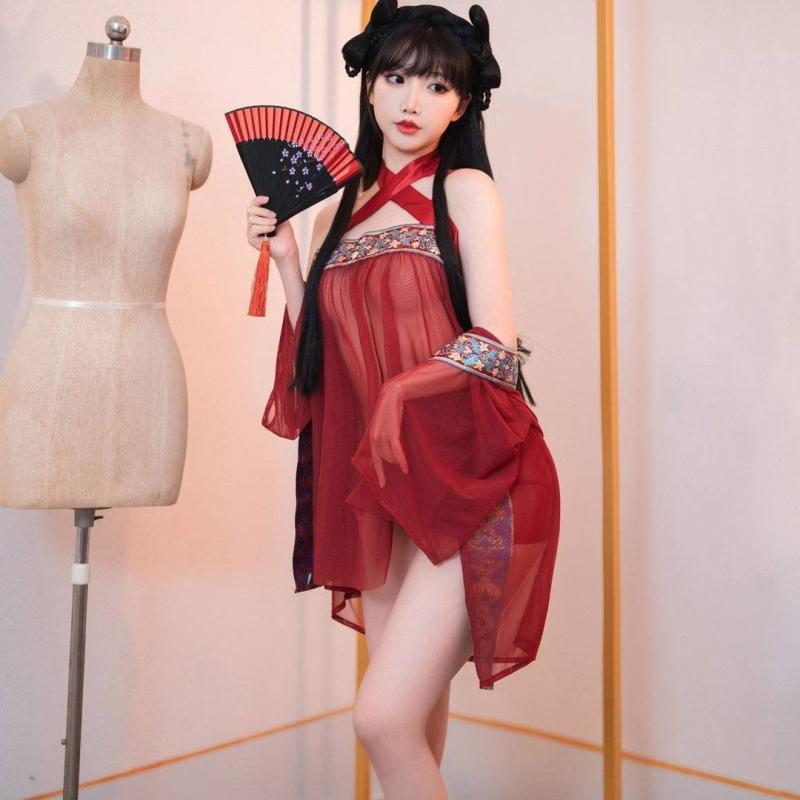 Plus-size Hanfu seksi set za spavanje za žene — staro-inspirirana prozirna noćna haljina i donje rublje