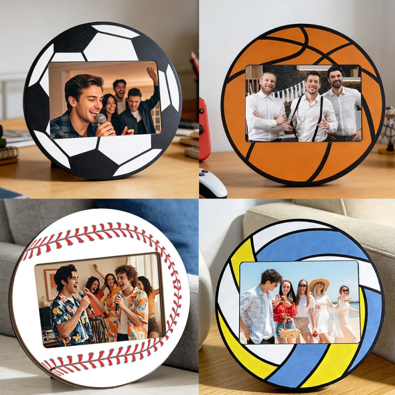 Ramă foto din lemn cu temă sportivă, în formă de fotbal, baschet și baseball, ornament circular pentru birou