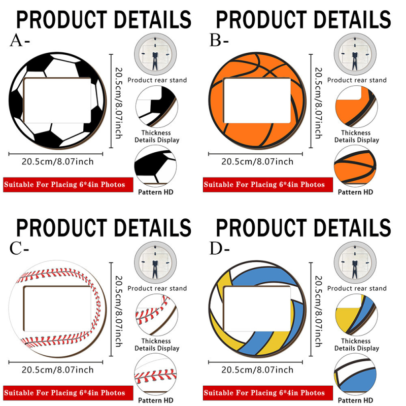 Ramă foto din lemn cu temă sportivă, în formă de fotbal, baschet și baseball, ornament circular pentru birou