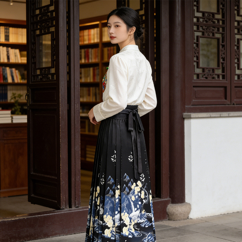 Hanfu Mamian suknja za žene, duga plisirana suknja s širokim rubom, A-linijski kroj, za sve sezone