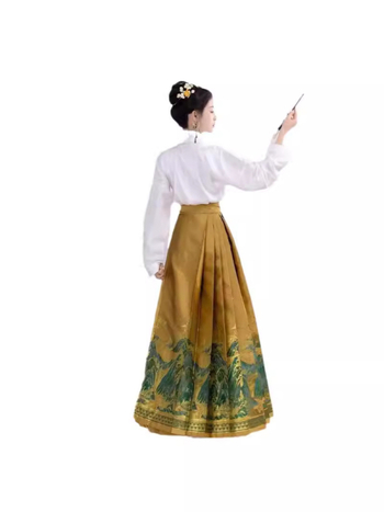Hanfu dinastije Song s suknom u stilu horse-face, inspirirano Fuchun Mountain Dwelling, zlatno tkani dekorativni detalji, svakodnevno nošenje, poliester preko 95%, proljeće 2024
