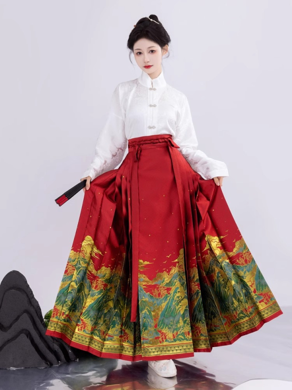 Hanfu dinastije Song s suknom u stilu horse-face, inspirirano Fuchun Mountain Dwelling, zlatno tkani dekorativni detalji, svakodnevno nošenje, poliester preko 95%, proljeće 2024