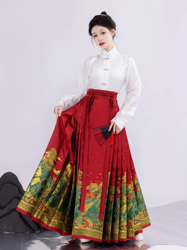 Hanfu dinastije Song s suknom u stilu horse-face, inspirirano Fuchun Mountain Dwelling, zlatno tkani dekorativni detalji, svakodnevno nošenje, poliester preko 95%, proljeće 2024