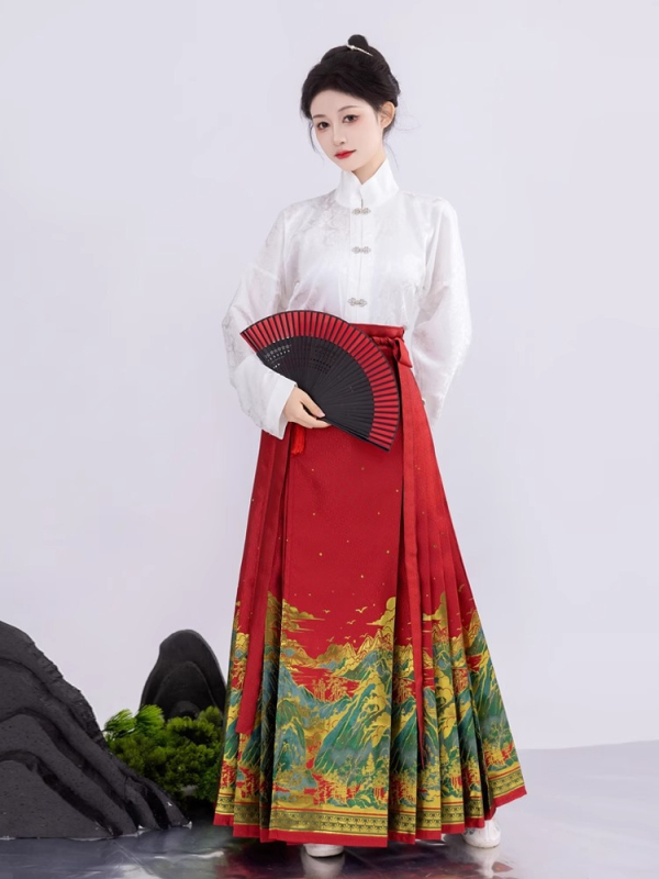 Hanfu dinastije Song s suknom u stilu horse-face, inspirirano Fuchun Mountain Dwelling, zlatno tkani dekorativni detalji, svakodnevno nošenje, poliester preko 95%, proljeće 2024