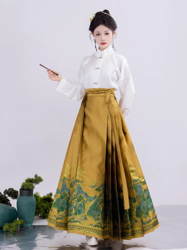 Hanfu dinastije Song s suknom u stilu horse-face, inspirirano Fuchun Mountain Dwelling, zlatno tkani dekorativni detalji, svakodnevno nošenje, poliester preko 95%, proljeće 2024