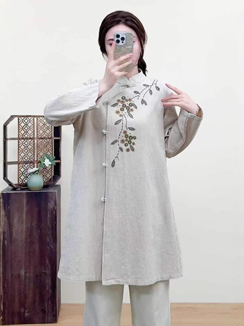 2026 nova stil s stojećim ovratnikom i gumbima, pamuk-linijasta jacquard-vezeni, čaj haljina, široki kroj, plus size, retro ženska odjeća