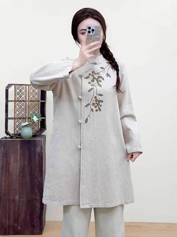 2026 nova stil s stojećim ovratnikom i gumbima, pamuk-linijasta jacquard-vezeni, čaj haljina, široki kroj, plus size, retro ženska odjeća