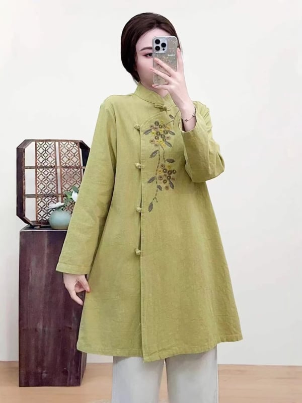 2026 nova stil s stojećim ovratnikom i gumbima, pamuk-linijasta jacquard-vezeni, čaj haljina, široki kroj, plus size, retro ženska odjeća
