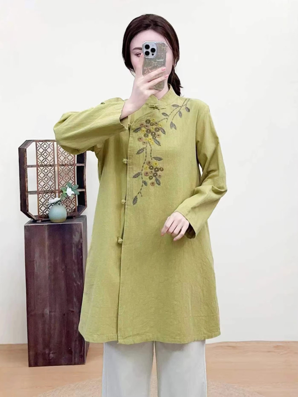 2026 nova stil s stojećim ovratnikom i gumbima, pamuk-linijasta jacquard-vezeni, čaj haljina, široki kroj, plus size, retro ženska odjeća