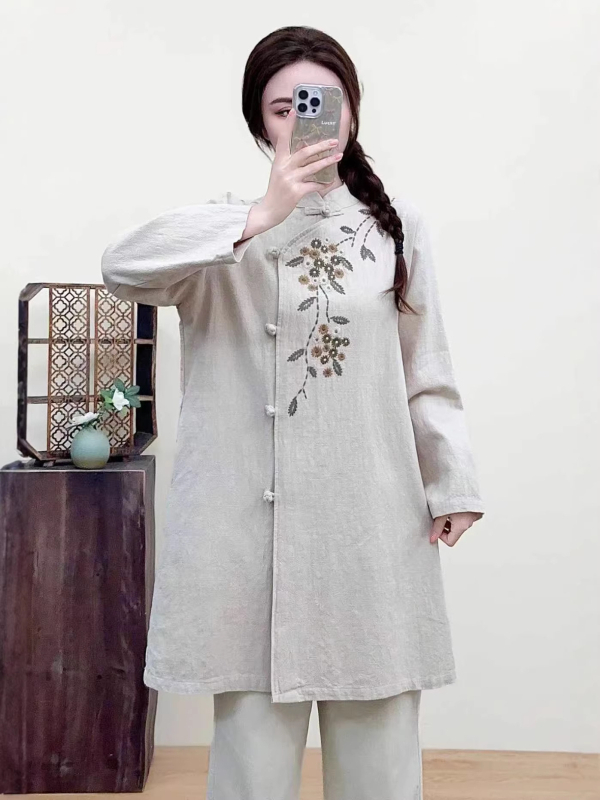 2026 nova stil s stojećim ovratnikom i gumbima, pamuk-linijasta jacquard-vezeni, čaj haljina, široki kroj, plus size, retro ženska odjeća