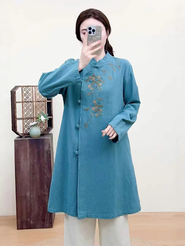 2026 nova stil s stojećim ovratnikom i gumbima, pamuk-linijasta jacquard-vezeni, čaj haljina, široki kroj, plus size, retro ženska odjeća
