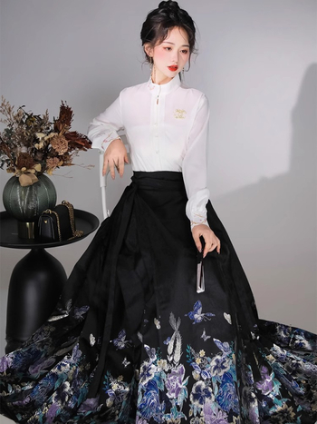 Hanfu za žene: Ming stil Han elemenata, bluza sa stojećim ovratnikom i suknja s ukrasom od perlama, ljeto