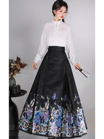 Hanfu za žene: Ming stil Han elemenata, bluza sa stojećim ovratnikom i suknja s ukrasom od perlama, ljeto