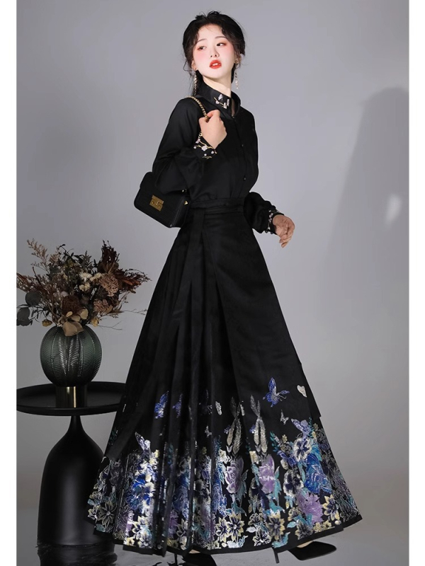 Hanfu za žene: Ming stil Han elemenata, bluza sa stojećim ovratnikom i suknja s ukrasom od perlama, ljeto