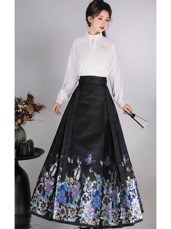Hanfu za žene: Ming stil Han elemenata, bluza sa stojećim ovratnikom i suknja s ukrasom od perlama, ljeto