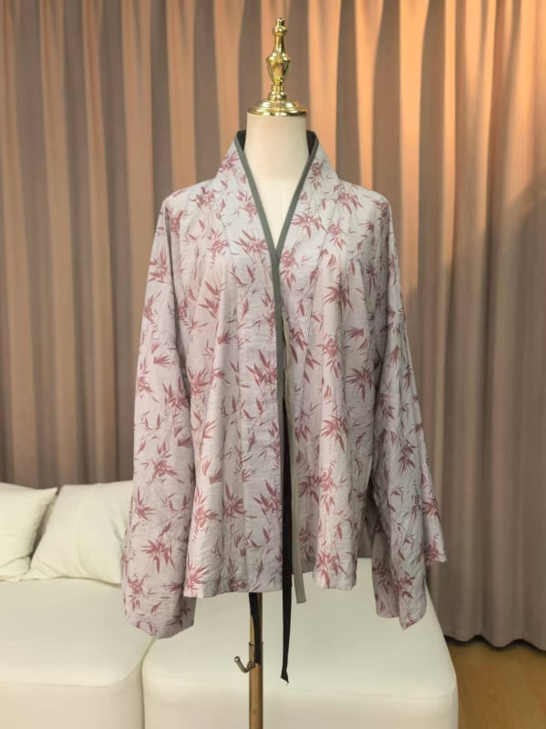 Top u stilu Hanfu s otiskom listova bambusa, tankim trakama, širokim manžetama, dugim rukavima