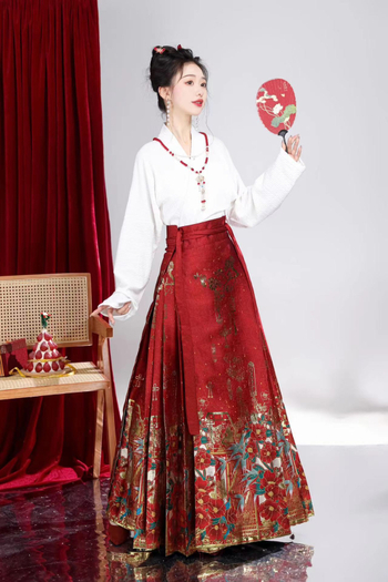 Hanfu ženski crveni top s preklopnim ovratnikom i dugim rukavima, vuneni kaput i tradicionalna Hanfu suknja, zimski vjenčani set