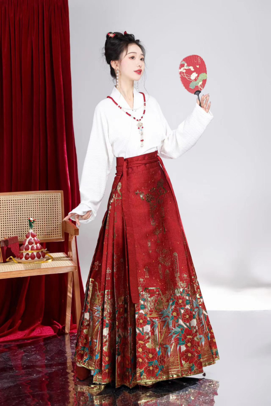 Hanfu ženski crveni top s preklopnim ovratnikom i dugim rukavima, vuneni kaput i tradicionalna Hanfu suknja, zimski vjenčani set