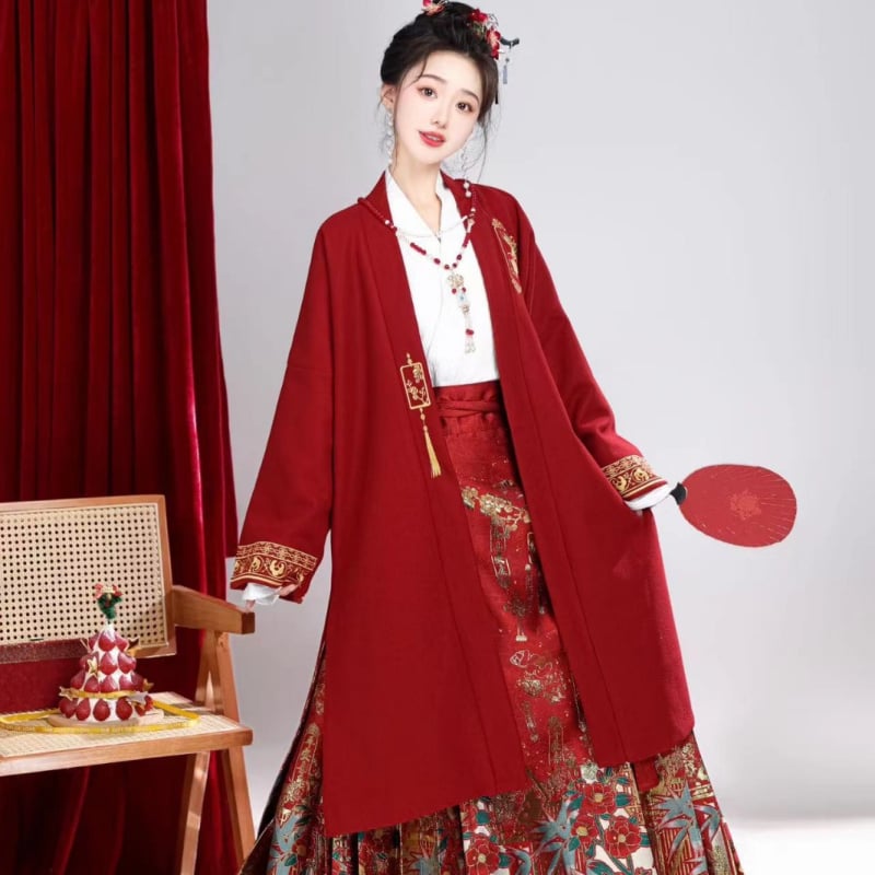 Hanfu ženski crveni top s preklopnim ovratnikom i dugim rukavima, vuneni kaput i tradicionalna Hanfu suknja, zimski vjenčani set