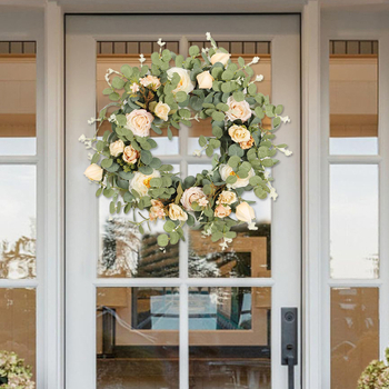 Coronă artificială cu eucalipt și camelia pentru decor de casă, agățare pe ușă, nunți și recuzită foto, 10-30 cm