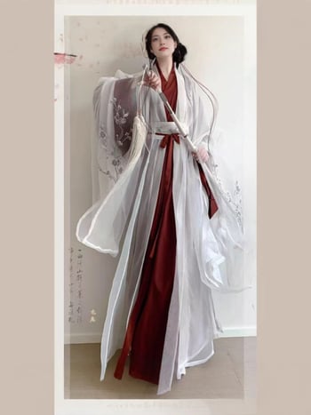 Ženski hanfu — Pear Flower Pavilion, Wei Jin inspiracija, eterična vezenja, široki rukavi, pravi rub, preklopni ovratnik, dnevni komplet