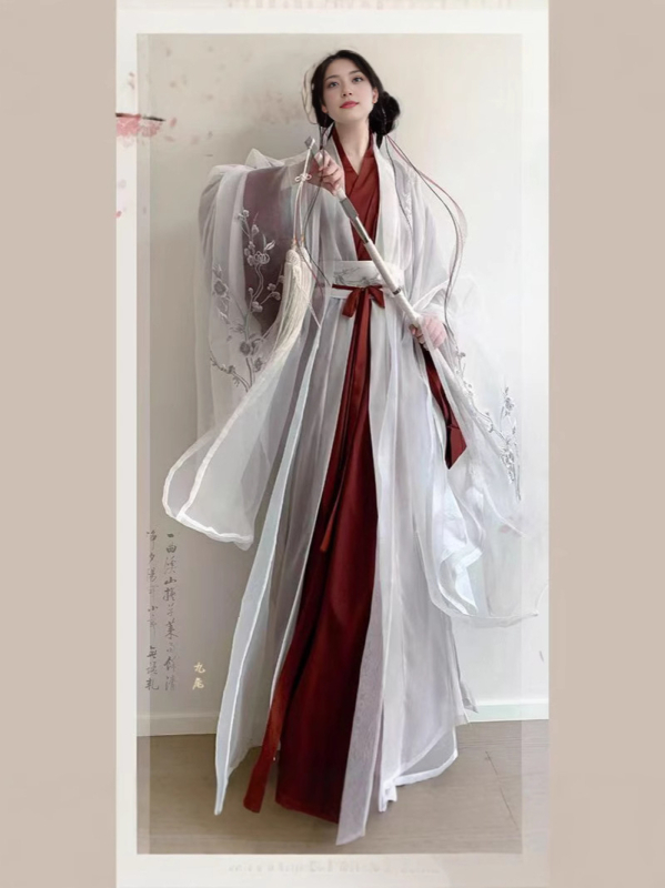 Ženski hanfu — Pear Flower Pavilion, Wei Jin inspiracija, eterična vezenja, široki rukavi, pravi rub, preklopni ovratnik, dnevni komplet