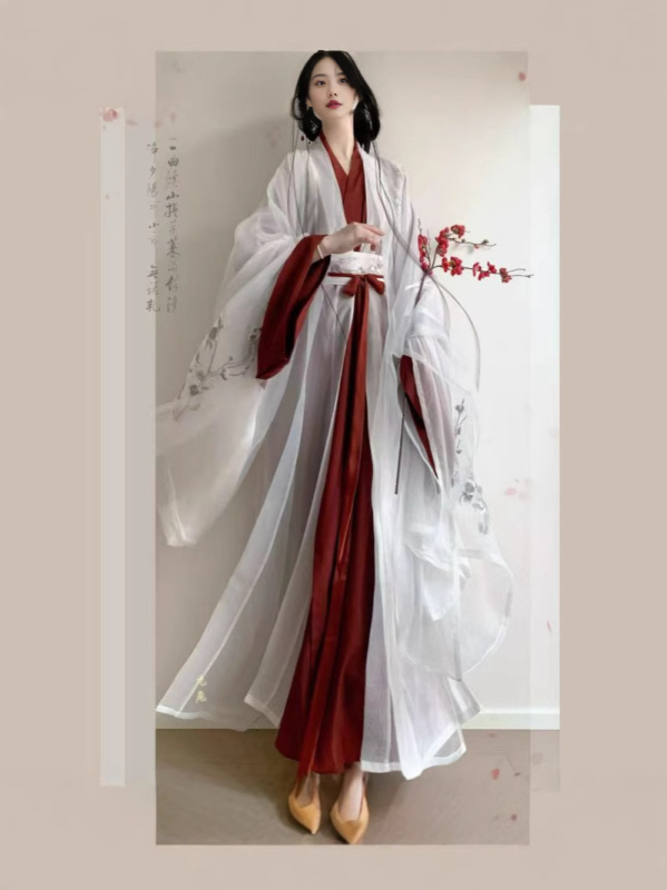 Ženski hanfu — Pear Flower Pavilion, Wei Jin inspiracija, eterična vezenja, široki rukavi, pravi rub, preklopni ovratnik, dnevni komplet