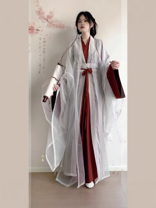 Ženski hanfu — Pear Flower Pavilion, Wei Jin inspiracija, eterična vezenja, široki rukavi, pravi rub, preklopni ovratnik, dnevni komplet