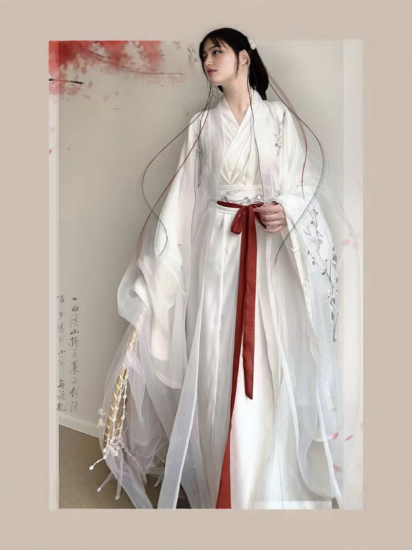 Ženski hanfu — Pear Flower Pavilion, Wei Jin inspiracija, eterična vezenja, široki rukavi, pravi rub, preklopni ovratnik, dnevni komplet