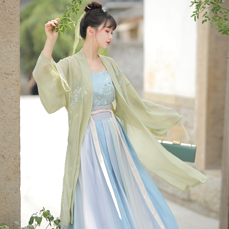 Ženski Hanfu u stilu Song dinastije, kineskog stila s modificiranim Han elementima, dugački izvezeni prednji otvor, haljina do struka, drevni kostim, dugi svilen rukavi