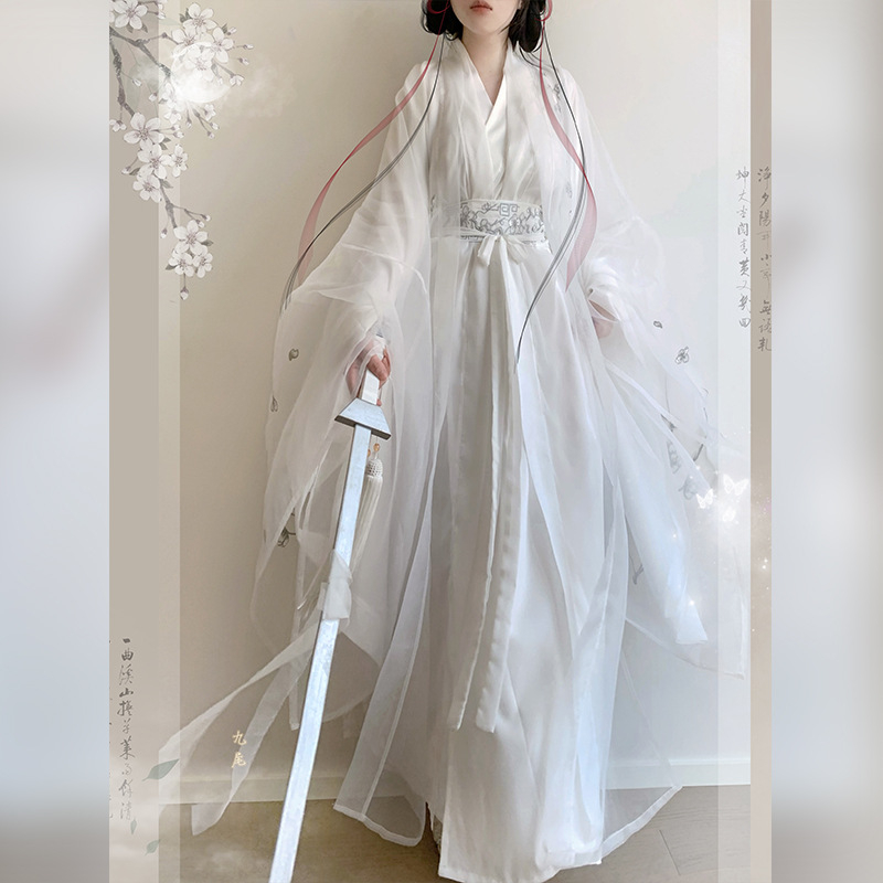 Bluza s križnim ovratnikom i dugim rukavima sa srebrnom vezom uz dugu haljinu s ravnim rubom - ženski set u kineskom stilu, poliester, 3D vezenje