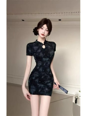 Ženska kratka haljina u kineskom stilu s ovratnikom cheongsam, uskog kroja, visokim strukom, kratkim rukavima, pulover stil
