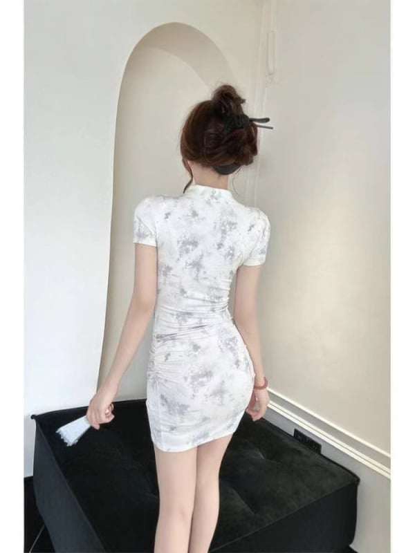 Ženska kratka haljina u kineskom stilu s ovratnikom cheongsam, uskog kroja, visokim strukom, kratkim rukavima, pulover stil