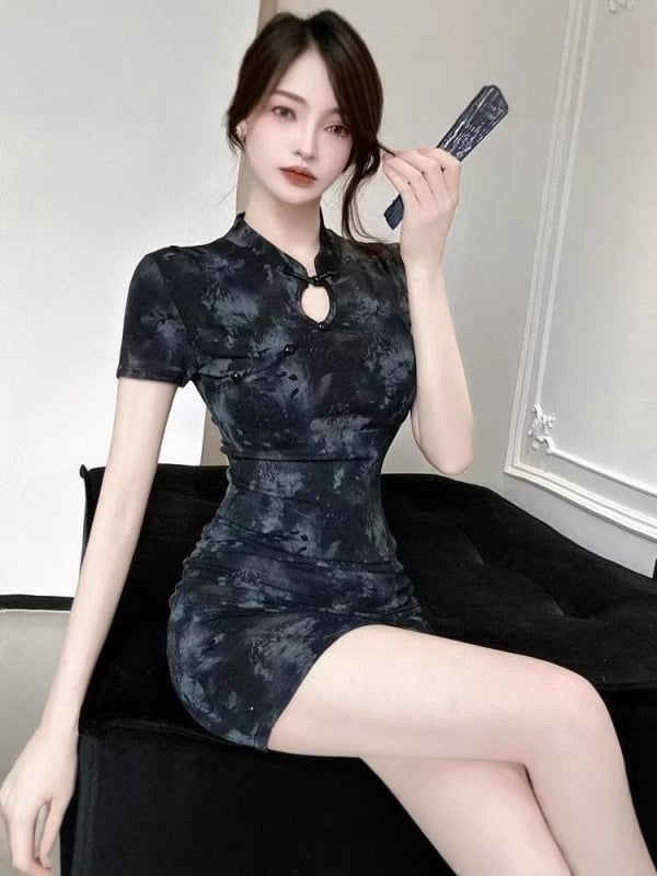 Ženska kratka haljina u kineskom stilu s ovratnikom cheongsam, uskog kroja, visokim strukom, kratkim rukavima, pulover stil