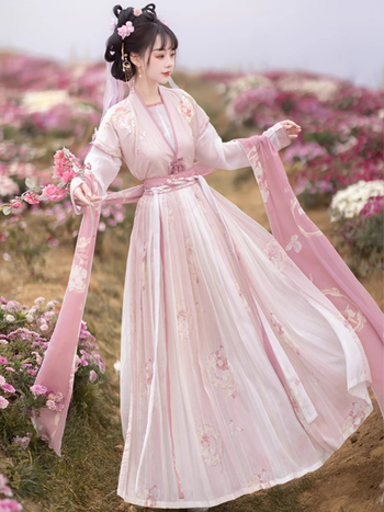 Ženski hanfu ruqun set s ručno izvezenim cvjetnim i leptirovim motivom, geometrijski uzorak, proljeće-ljeto