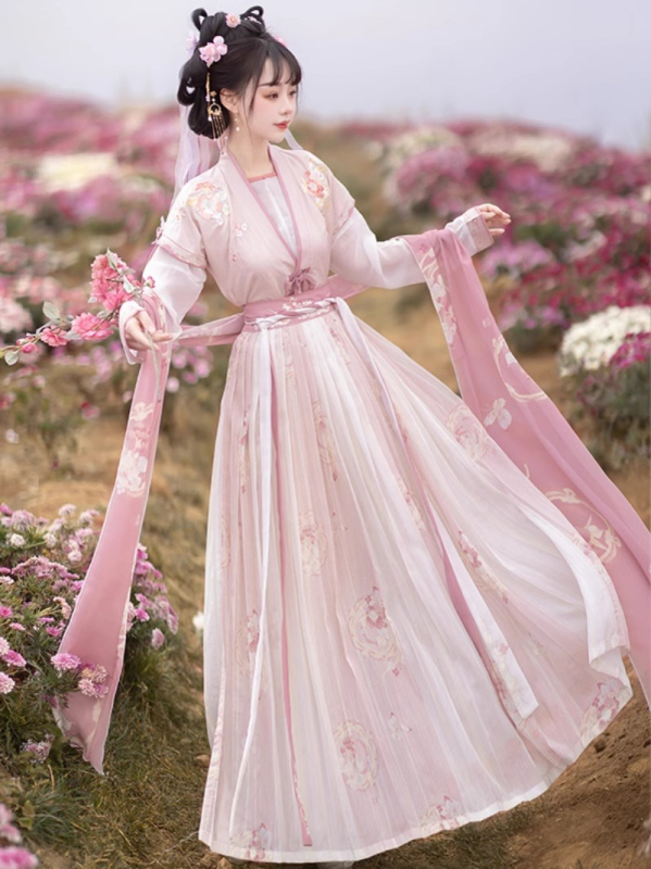 Ženski hanfu ruqun set s ručno izvezenim cvjetnim i leptirovim motivom, geometrijski uzorak, proljeće-ljeto